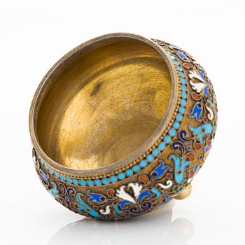 Parcel-gilt, cloisonné enamel salt cellar and spoon, Moscow 1882-89.