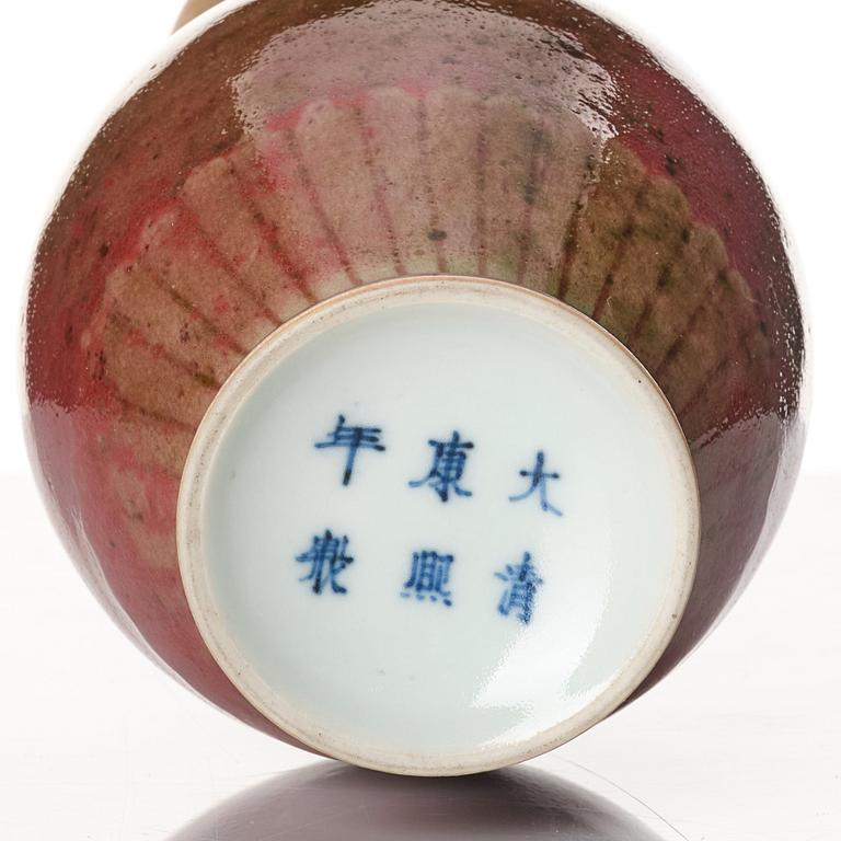 A peach-bloom vase and brushpot, Qing dynasty with Kangxi mark, the brushpot later.