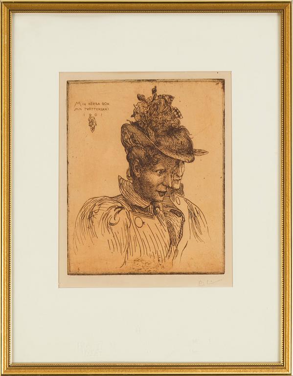 CARL LARSSON, etching, 1901, sign C.L. with pencil and dated 1901 in the plate with self-portrait.