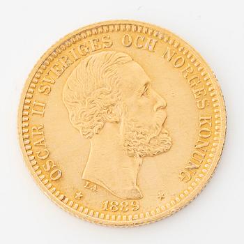 Gold coin, Oscar II 20 kronor, type III, Sweden 1889.