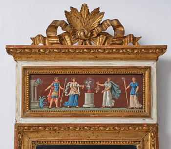 A pair of late Gustavian giltwood and gouache-inset mirrors, Stockholm, late 18th century.