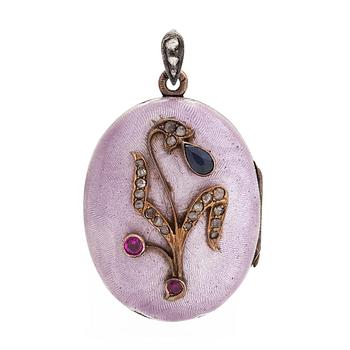 Medaljon/riipus, 14K kultaa, hopeaa, guilloche-emalia ja jalokiviä, Venäjä, 1900-luvun alkupuoli.