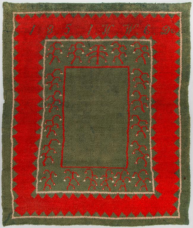 Ryijy/ peite, kansanomainen, päivätty 1851, Suomi. Noin 180 x 153 cm.