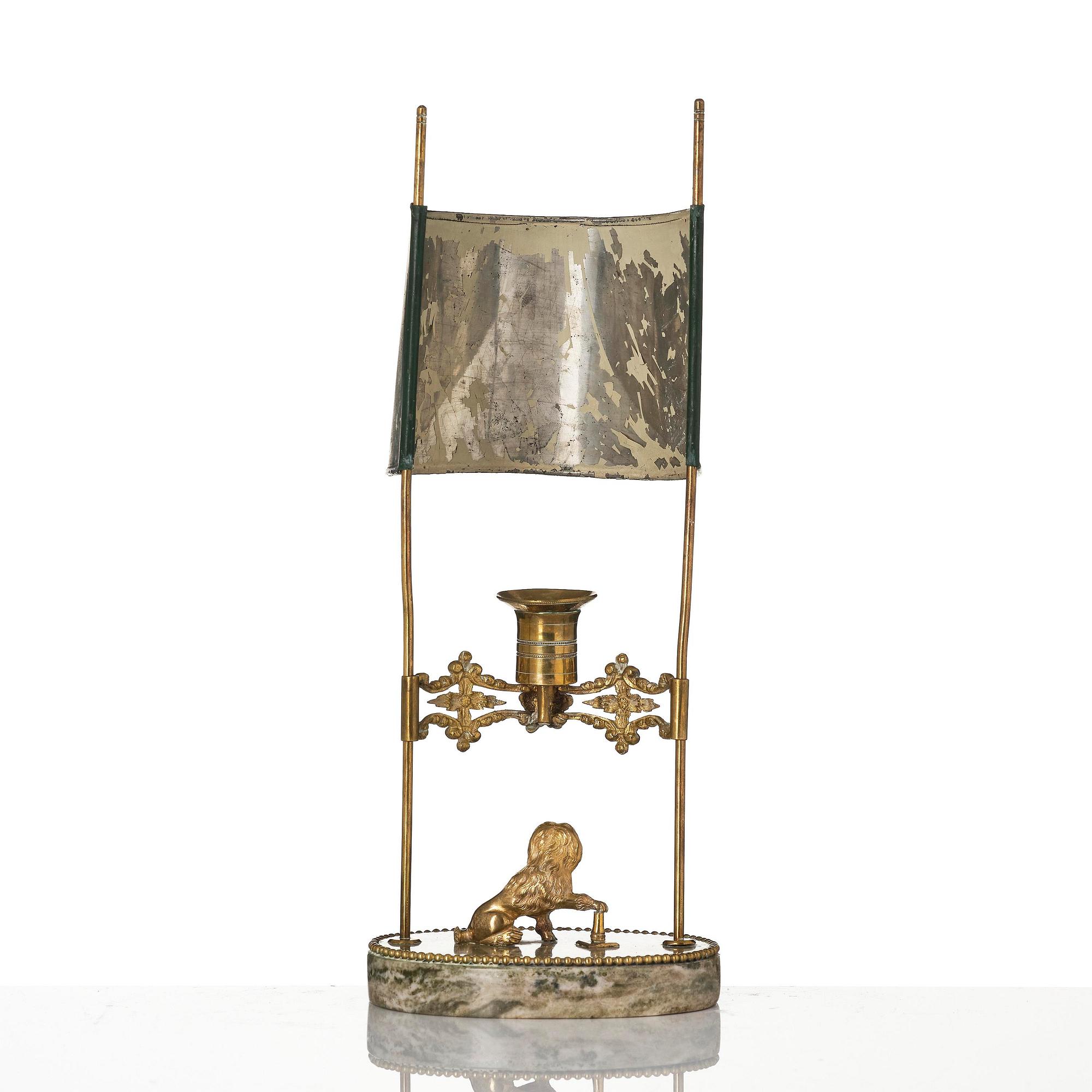 A Gustavian gilt brass and 'Kolmård' marbke one-light reading lamp, late 18th century.