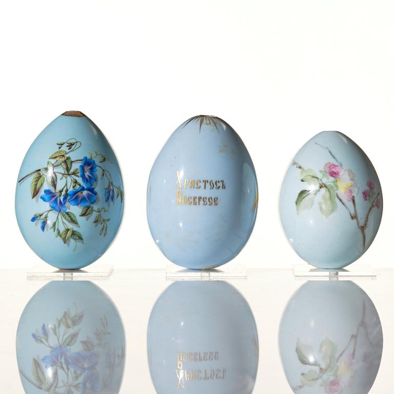 Three Russian porcelain Easter Eggs, circa 1890-1900, presumably Imperial Porcelain Manufactory, St Petersburg.