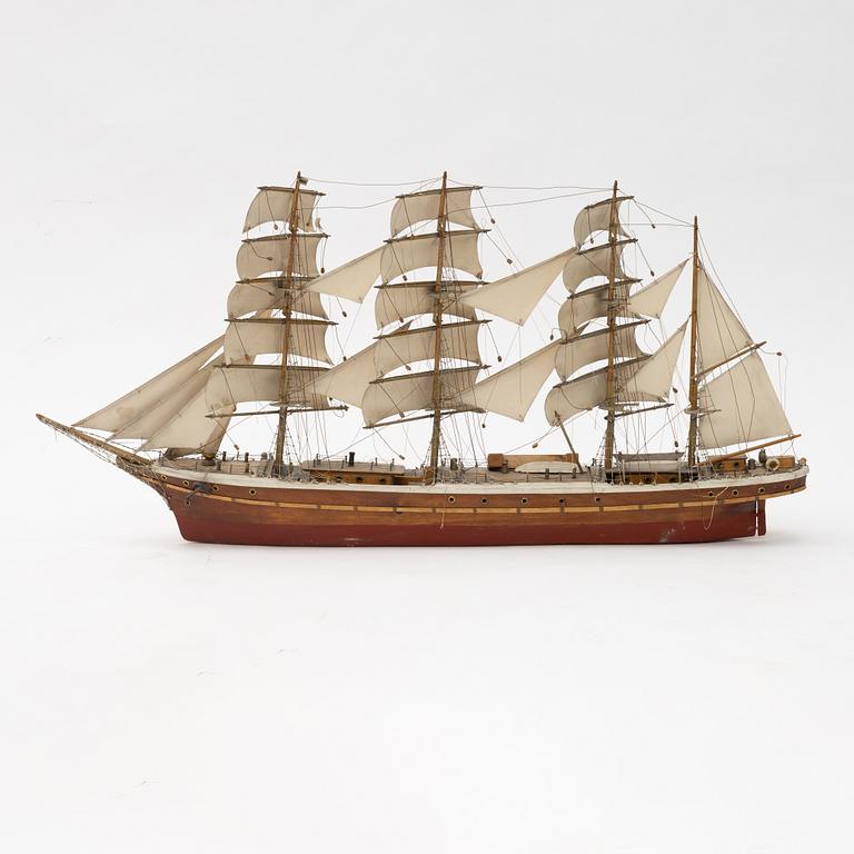 Model boat, four-masted barque, mid-20th century.