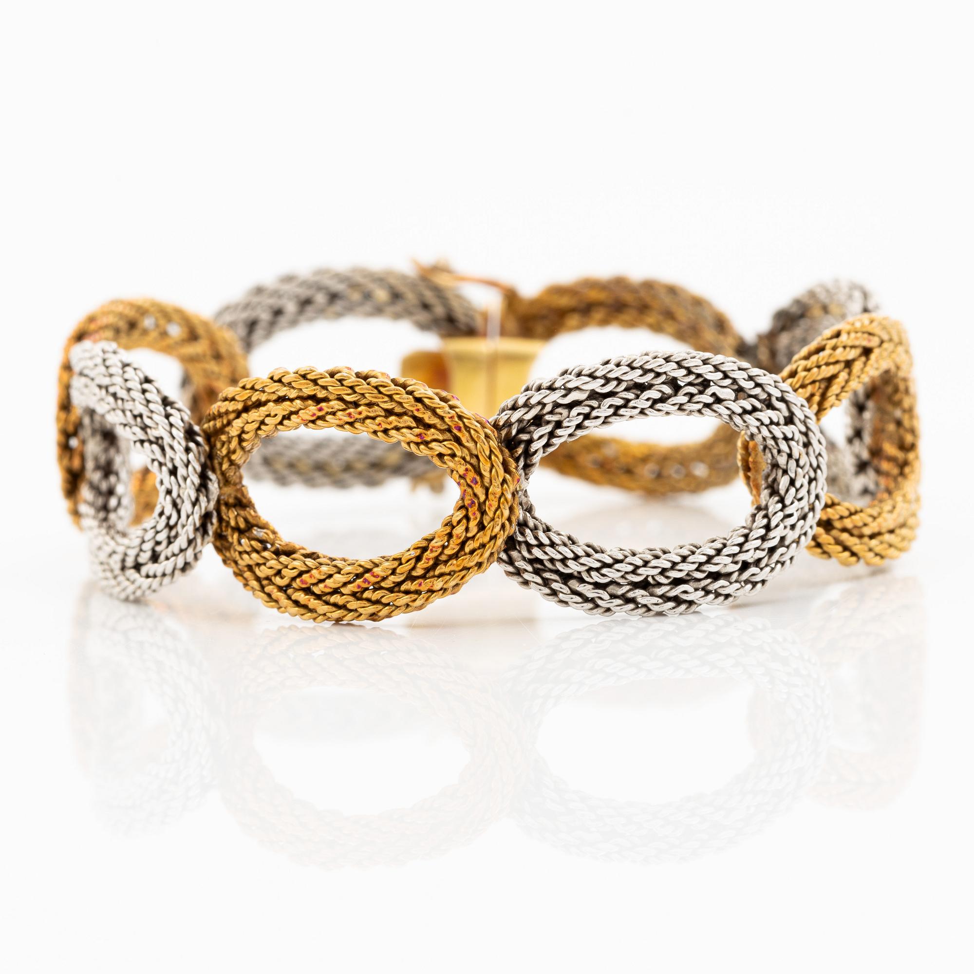 Armband 14K tvåfärgat guld i form av flätade ovala länkar, omkring ca 1950-70-tal.