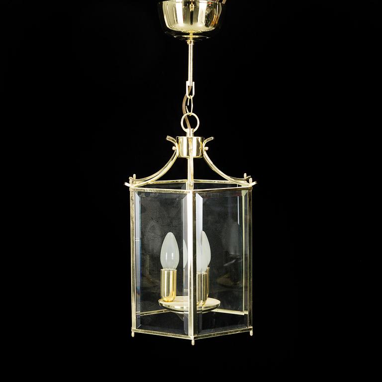 A 20th century brass hexagon hall ceiling lantern for three lights.