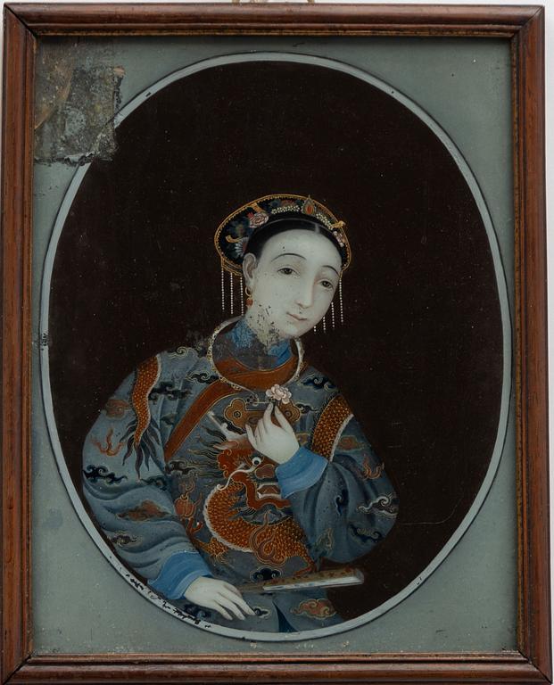 A Chinese reversed glass painting, Qing dynasty, 19th century.