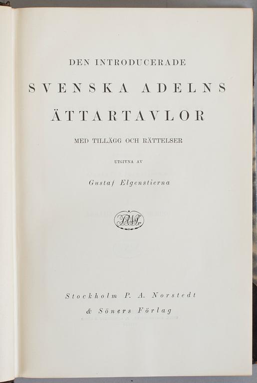 GUSTAF ELGENSTIERNA, 8 vol, Den introducerade Svenska adelns ättartavlor, vol I-VI resp VIII-IX, Stockholm 1925-36.