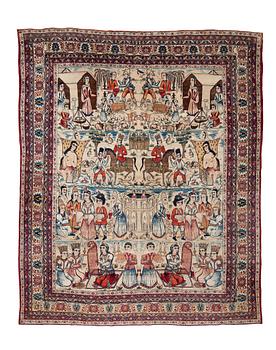 268. A carpet, antique Kerman Laver, figural, ca 382 x 311-315 cm.