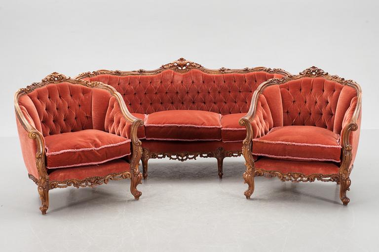 SOFFA samt FÅTÖLJER, ett par, rokokostil, 1900-talets andra hälft.