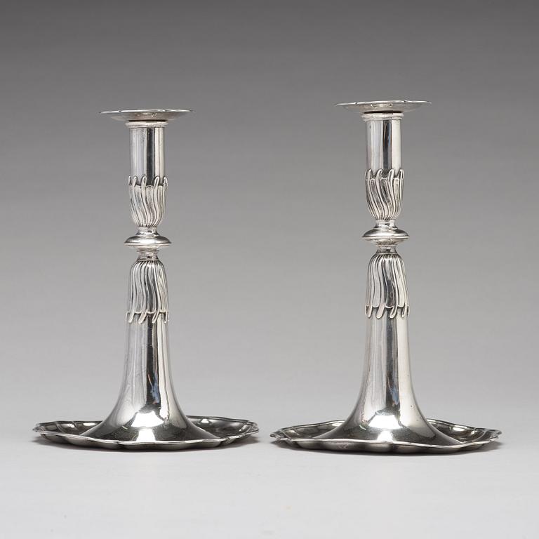 A pair of Swiss 18th century silver candlesticks, unidentified makers mark, Lausanne.