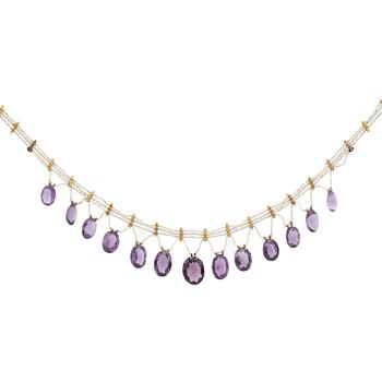 Necklace, 18k gold with amethysts and seed pearls.