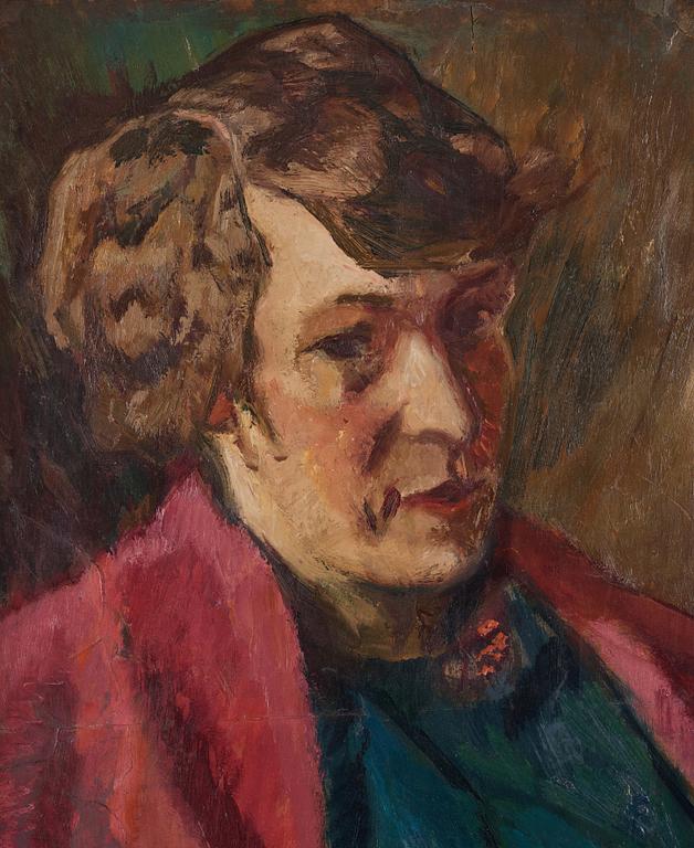 Helmer Osslund, Female portrait against a red background.