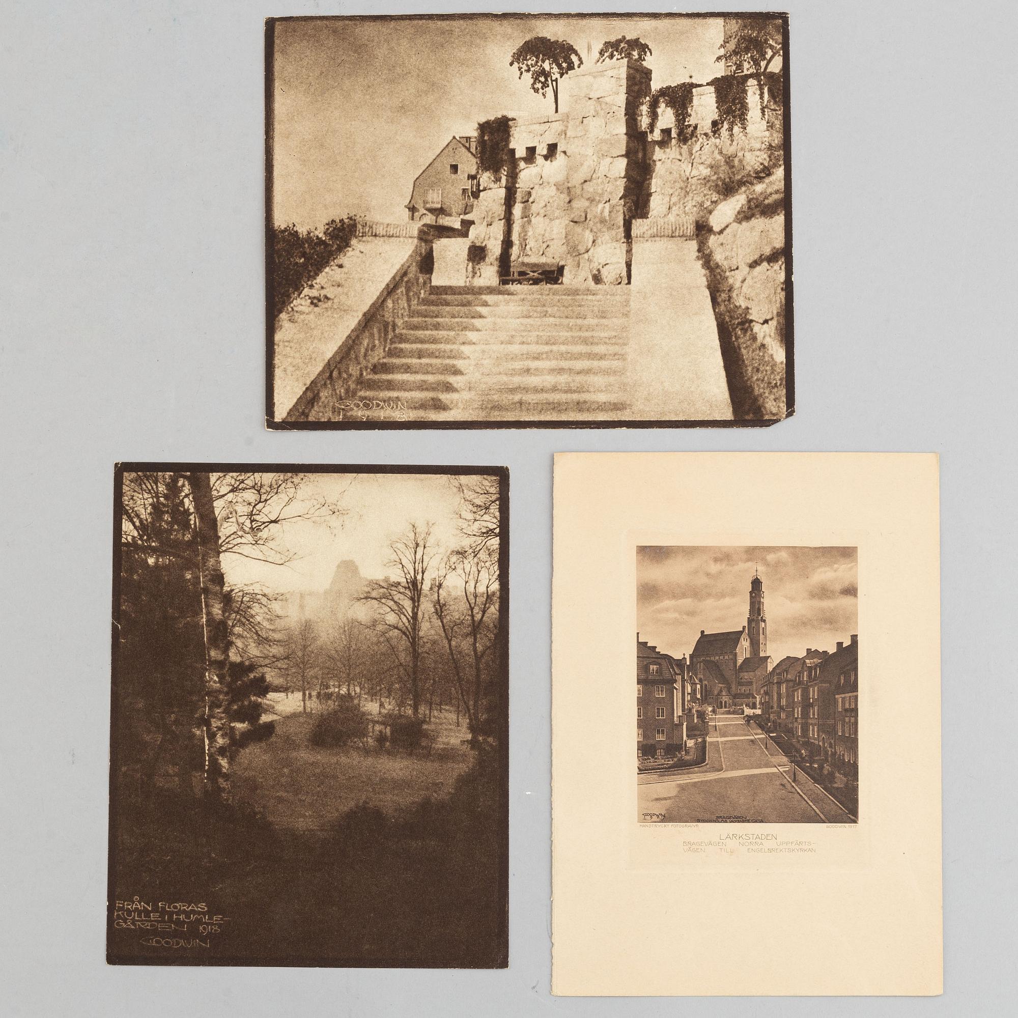 Henry B. Goodwin, tre fotogravyrer, Vårt vackra Stockholm sign i negativet. Bragevägen, Floras kulle, Engelbrektskyrkan.