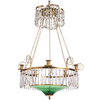 A late Gustavian gilt-brass and green glass six-light chandelier, late 18th century.