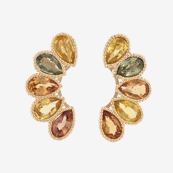 A pair of 14K gold earrings with multicolored sapphires.