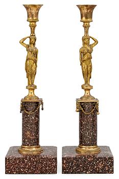 1036. A pair of late Gustavian porphyry candlesticks.