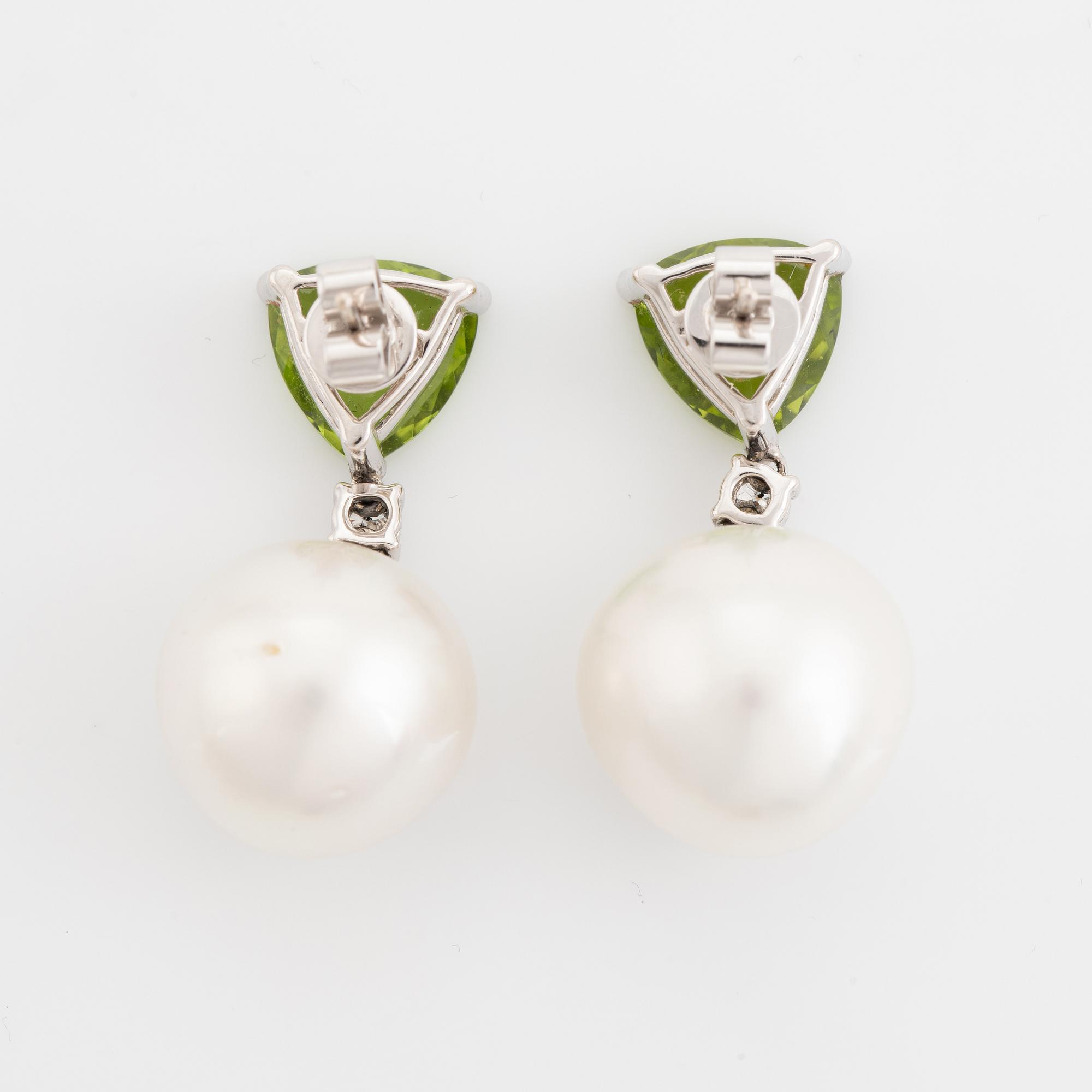 South sea pearl, peridot and brilliant cut diamond earrings.