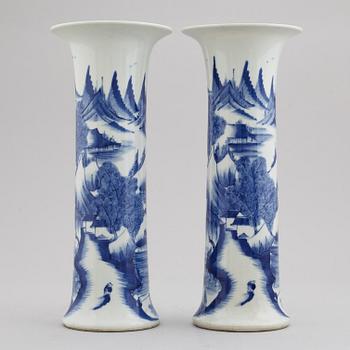 A pair of blue and white trumpet shaped vases, China, 20th Century.