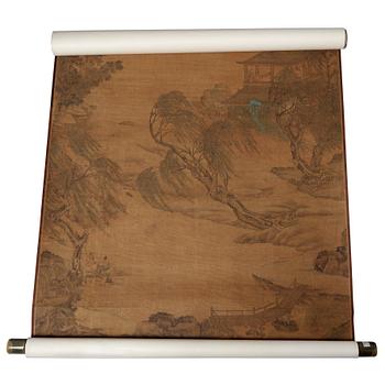 A hanging scroll of a river scenery in the style of Tang Yin (1470-1524), Qing Dynasty, presumably 18/19th Century.