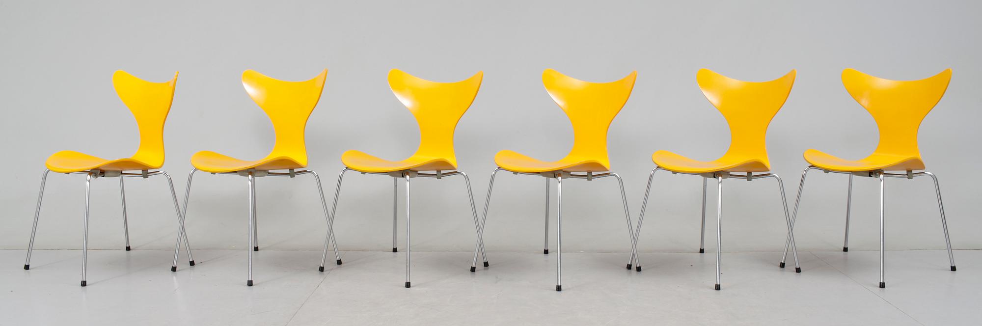 STOLAR, 6st, "Liljan / Måsen / Mågen", Arne Jacobsen, Fritz Hansen, 1979.