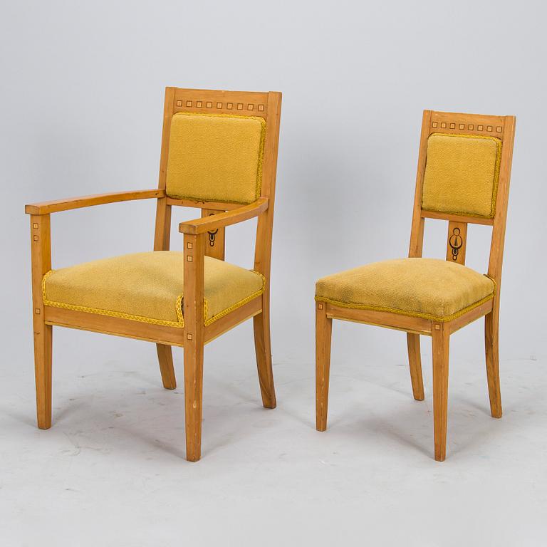 Fåtöljer, ett par och stolar, 4 st, tidigt 1900-tal.