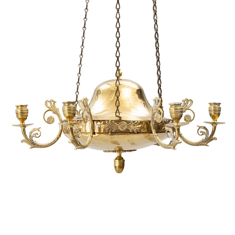 A Swedish Empire gilt brass six-branch chandelier, early 19th century.