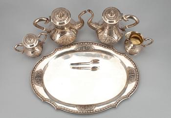 KAFFE-/TESERVIS, 6 delar, silver 925, Thailand 1900-talets första hälft. Tot. vikt ca 2600 g.