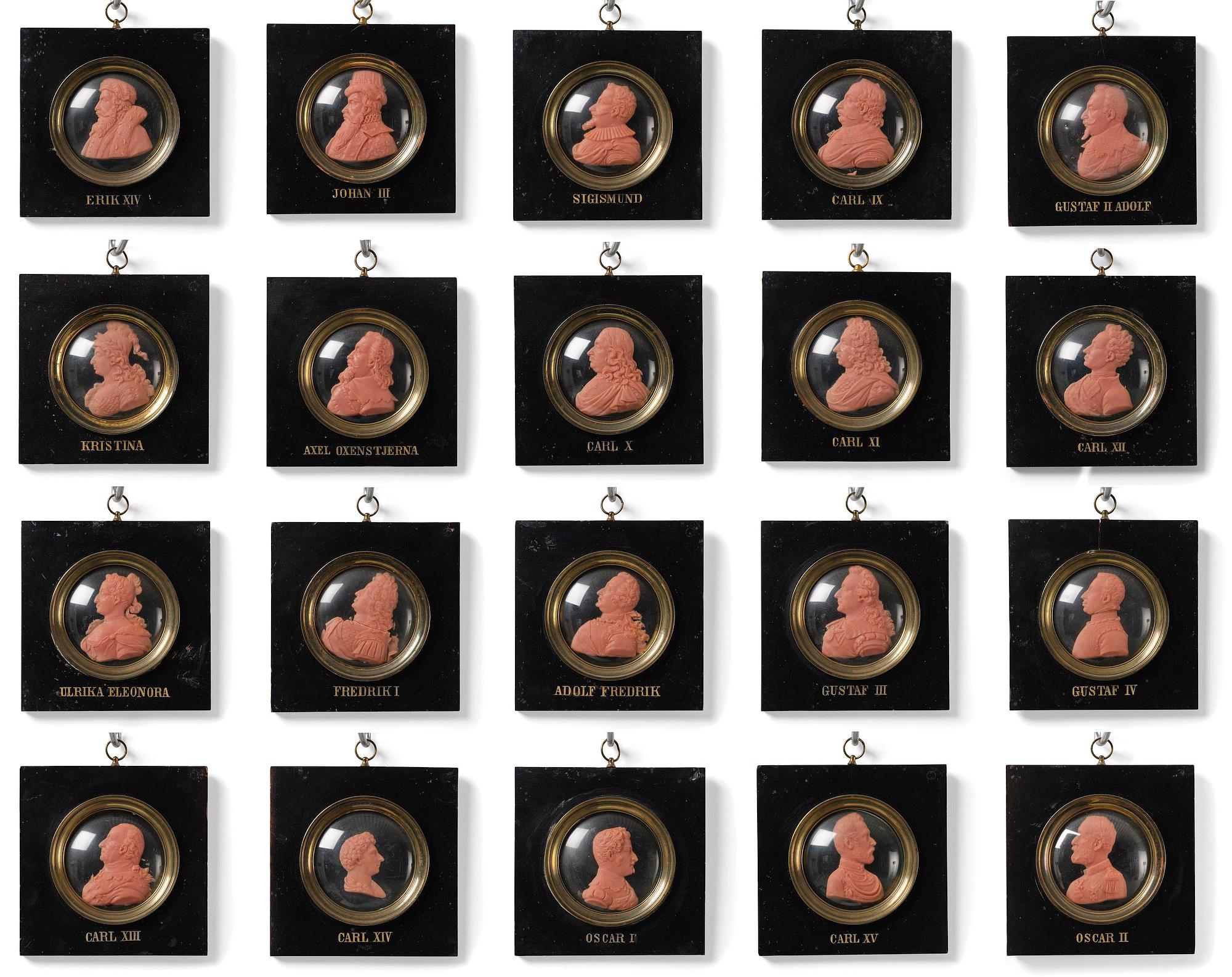 A set of twenty wax portraits of Swedish monarchs, late 19th century.