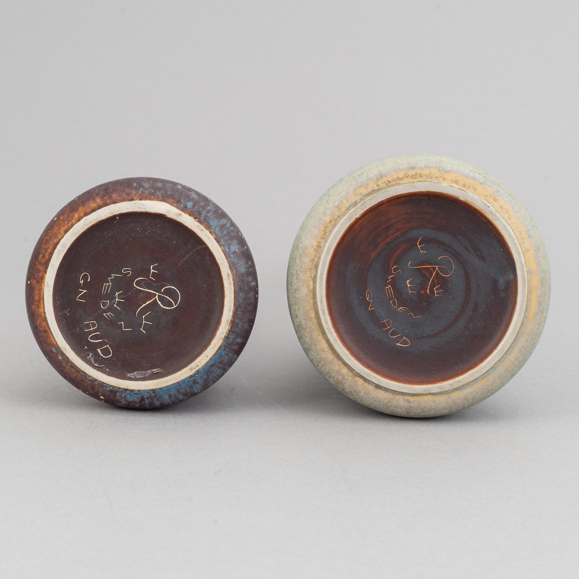 Gunnar Nylund, a set of five stoneware vases and two bowls and Carl-Harry Stålhane, a set of two vases for Rörstrand.