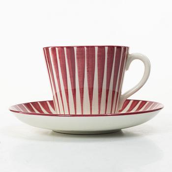 Eugen Trost, Three 'Red Zebra' cream-ware coffee cups on saucers, Uppsala-Ekeby Gefle.