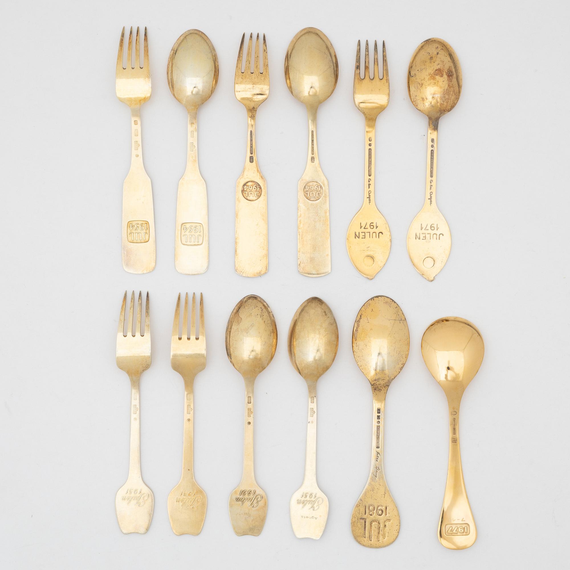 Danish Christmas cutlery/annual cutlery, 12 pieces, gilded sterling silver and enamel, Anton Michelsen and Georg Jensen,