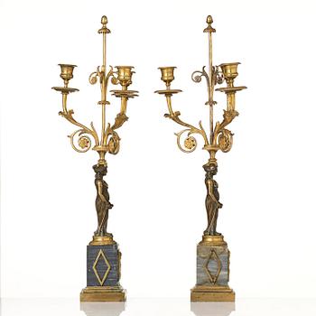 A pair of late Gustavian ormolu and marble three-light candelabra, Stockholm, late 18th century.