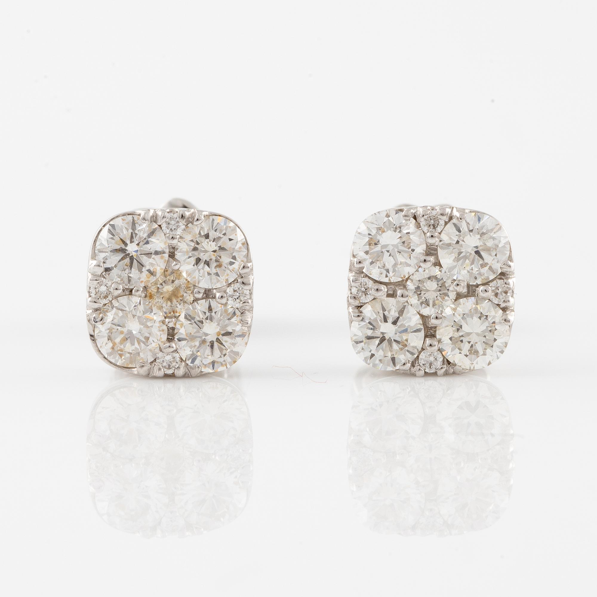 A pair of earrings in 18K white gold set with round brilliant-cut diamonds.