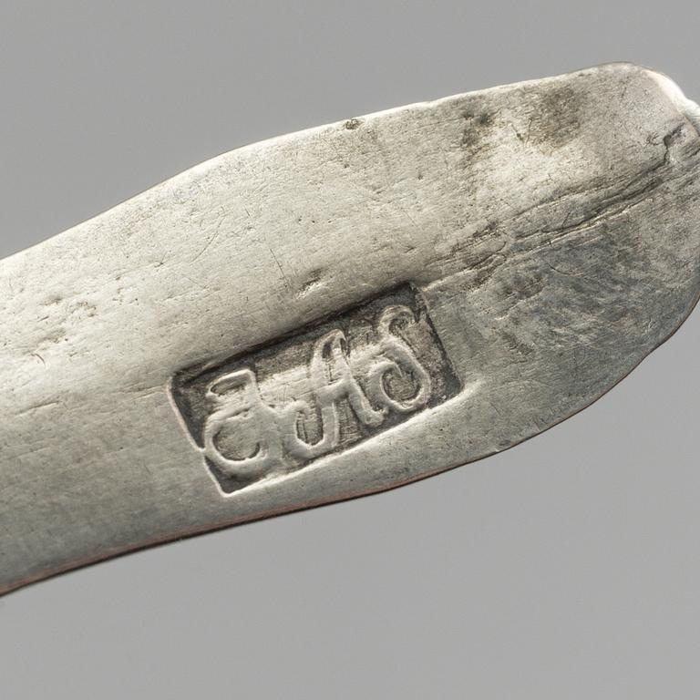 TESKEDAR, silver, 14 st, 1700-1800-tal, bl.a. Gävle, Vimmerby, Vänersborg. Tot vikt: 126 gram.