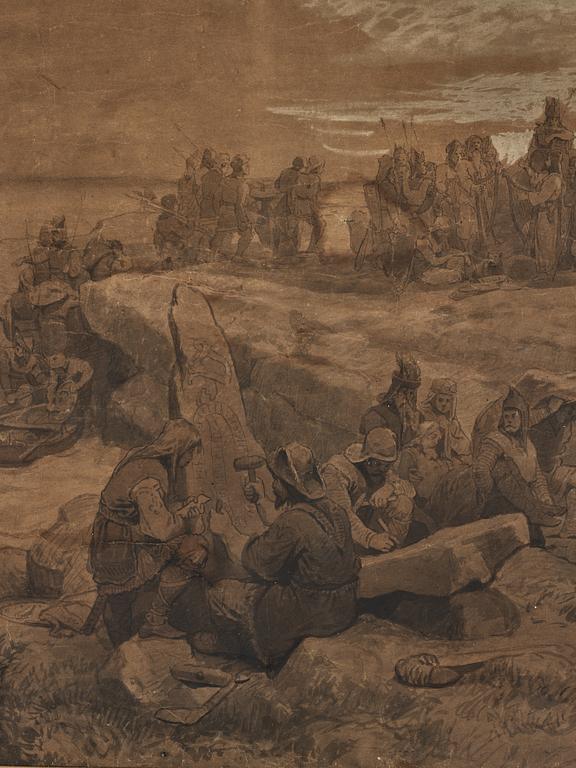 August Malmström och Hans Gude, tuschlavyr på brunt papper förhöjd med vit gouache, signerad Hans Gude och A. Malmström.