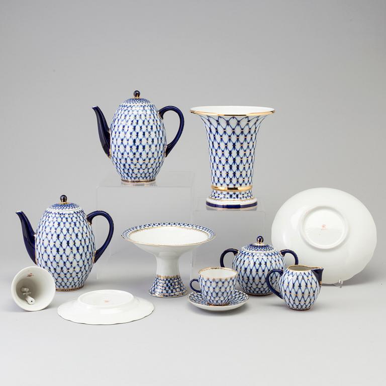 A 30 piece 'Cobalt Net' porcelain coffee service from Lomonosov, Russia, 1990's.