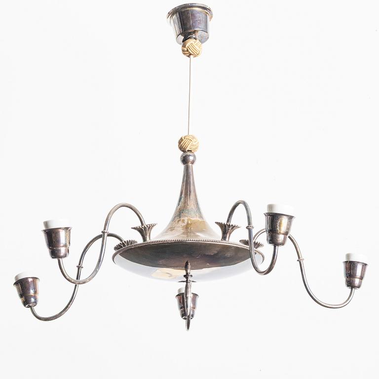 Elis Bergh, Attributed to. Ceiling lamp, silver plate, Swedish Grace, 1920s-30s.