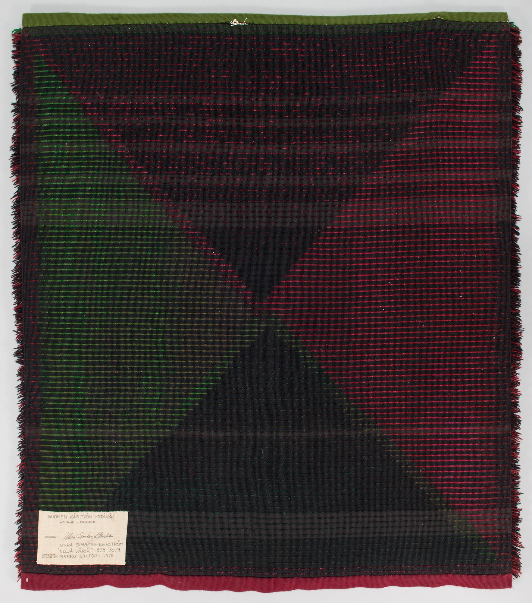 Uhra-beata Simberg-Ehrström, signeerattu ryijy/ryijymatto, Suomen käsityön Ystävät. Noin 143x125 cm.