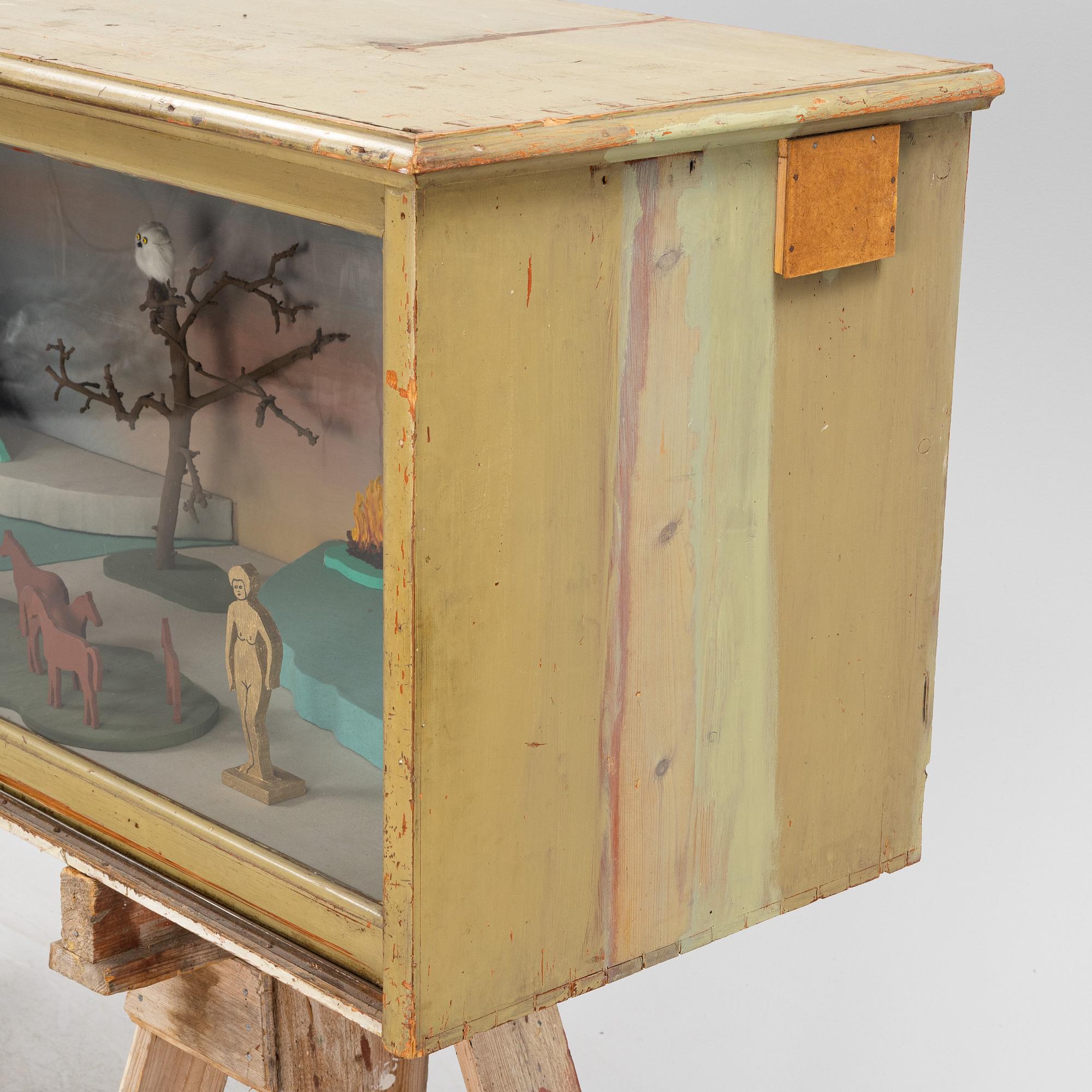 Richard Johansson, object/installation in a wooden cupboard, drawing, painting and mixed media, signed.