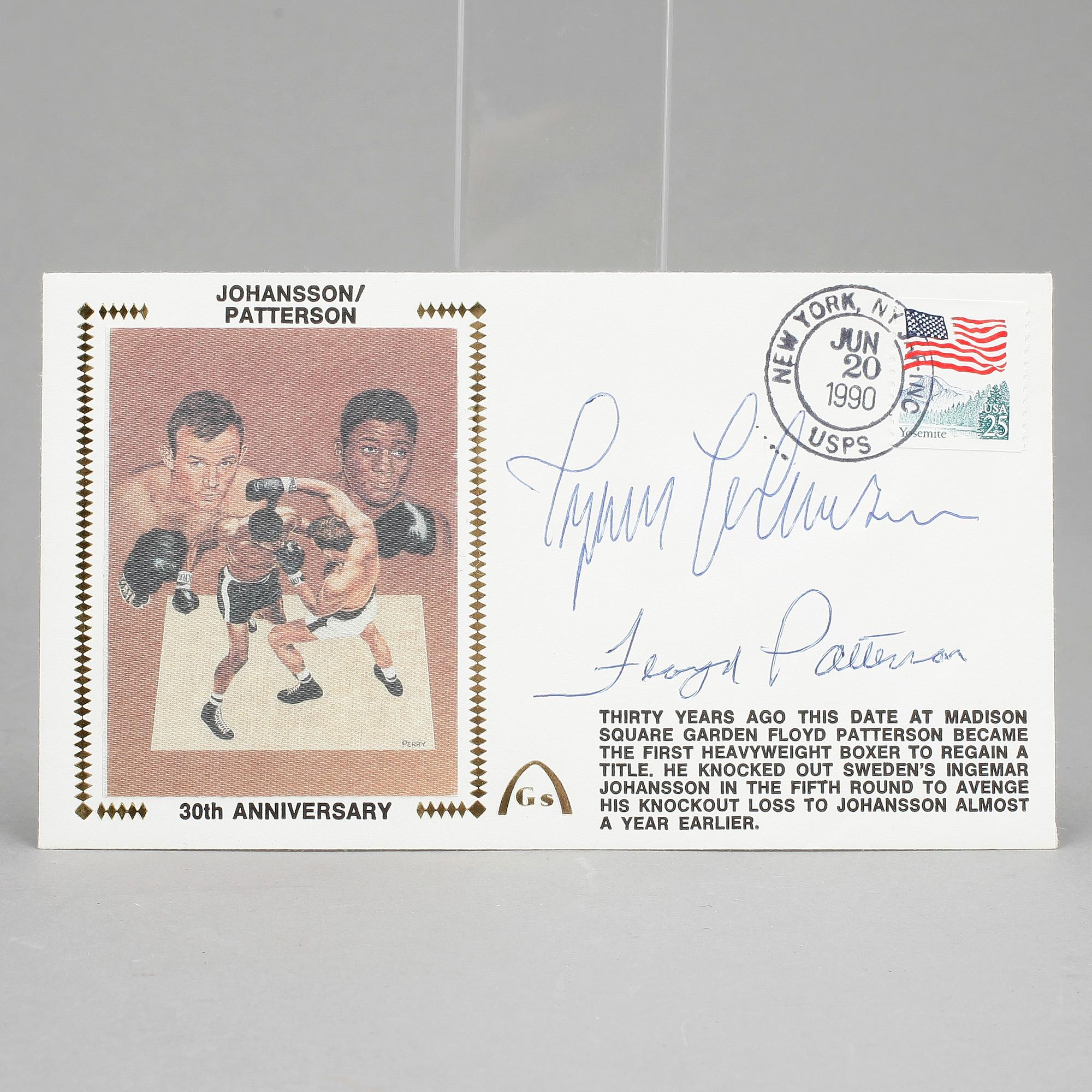 INGEMAR JOHANSSON SAMT FLOYD PATTERSON, autografer på förstadagsbrev, dat 20 juni 1990.