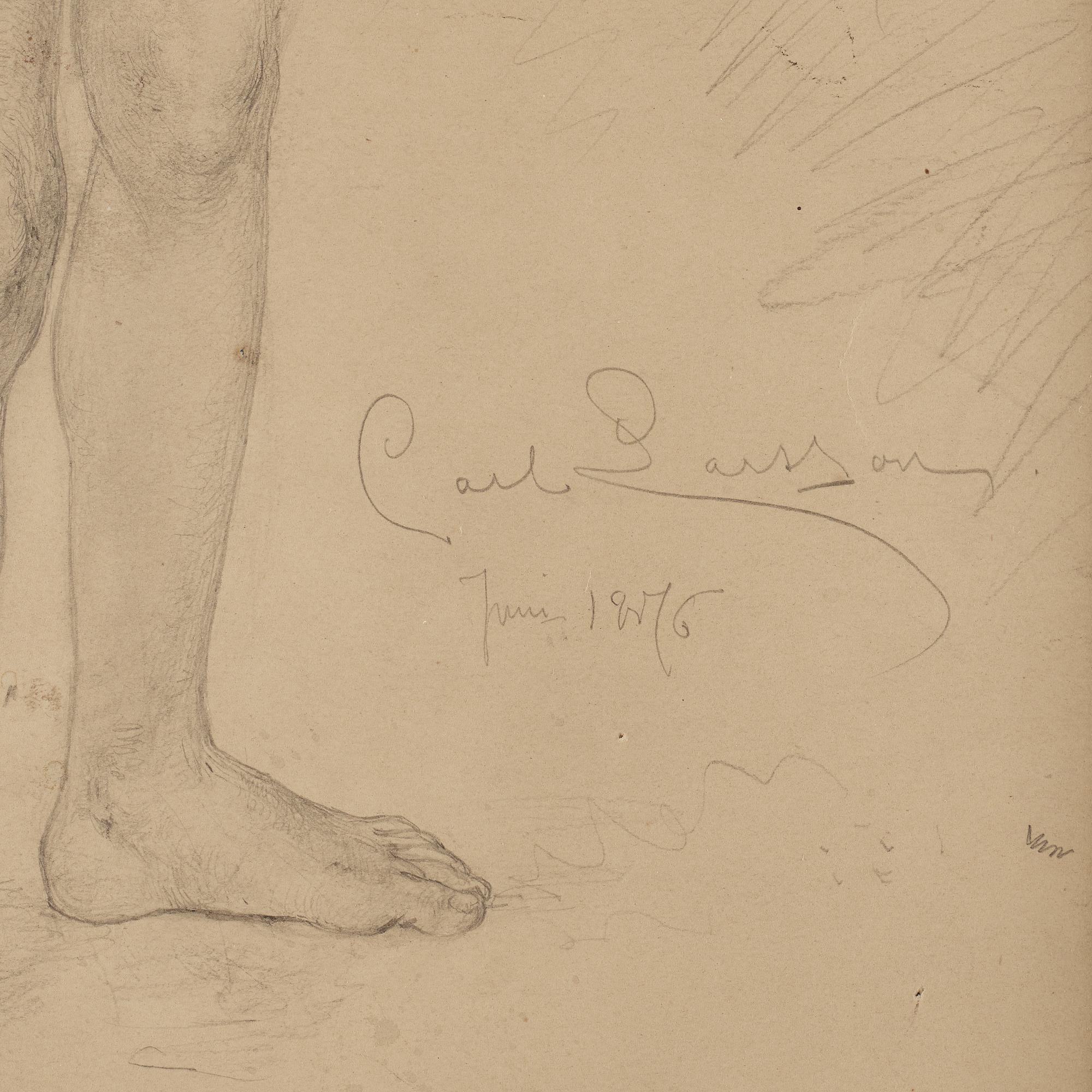 CARL LARSSON, blyerts, signerad Carl Larsson och daterad Juni 1876. "Stående naken gosse med pil i handen".