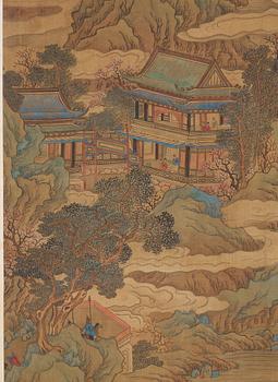 RULLMÅLNING,  flodlandskap i Qiu Yings (1494-1551) stil, sen Qingdynasti (1644-1912).