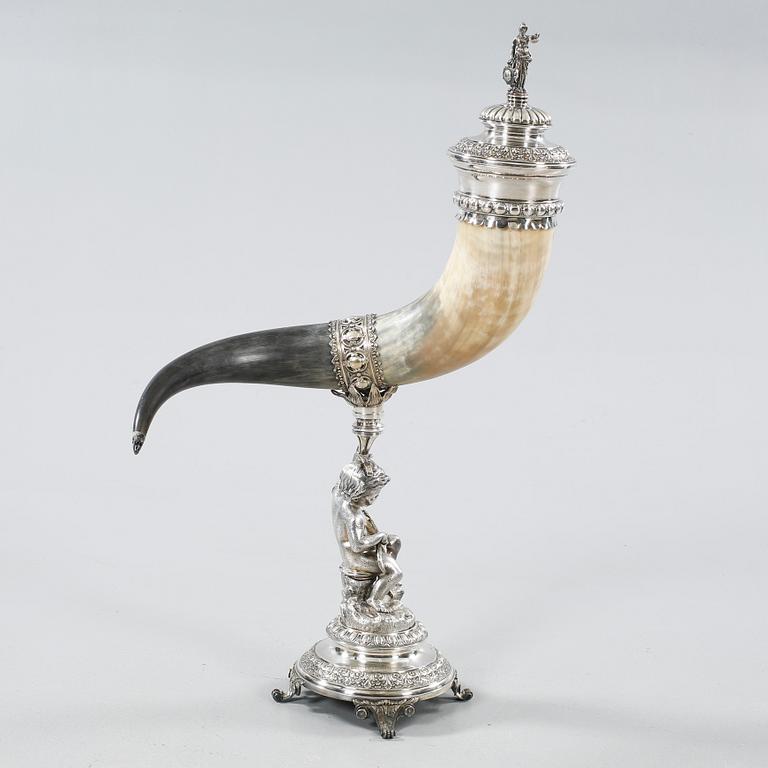 A drinking horn with epns mounting, GAB, Stockholm, late 19th century.