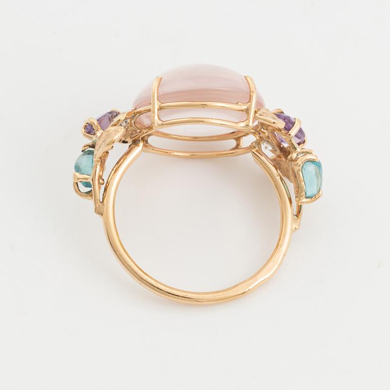 Ring with cabochon-cut rose quartz, amethyst, apatite, and brilliant-cut diamonds.