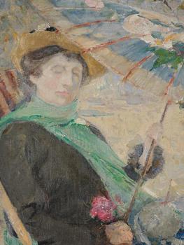 Ernest Borough-Johnson, Translation: "Seated woman with parasol and dog".
