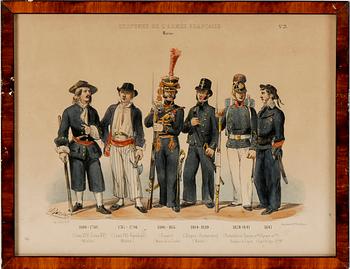 LITOGRAFISKA UNIFORMPLANSCHER, 8 st, Costumes de l'armée Française, 1800-talets slut.