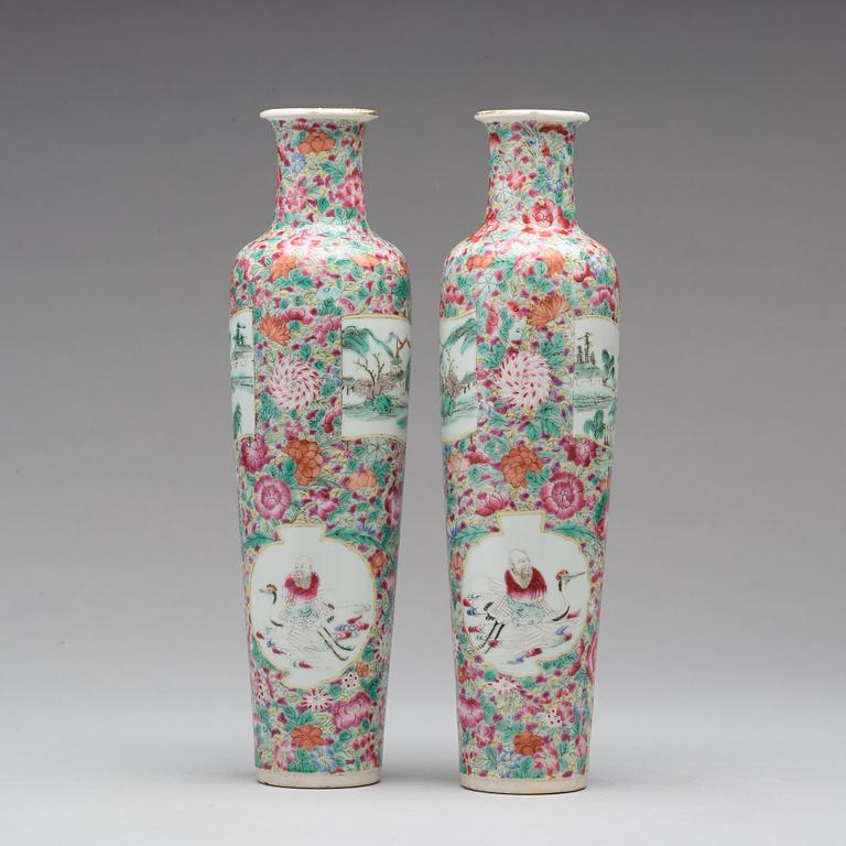 A pair of famille rose mille fiori vases, 19th Century.